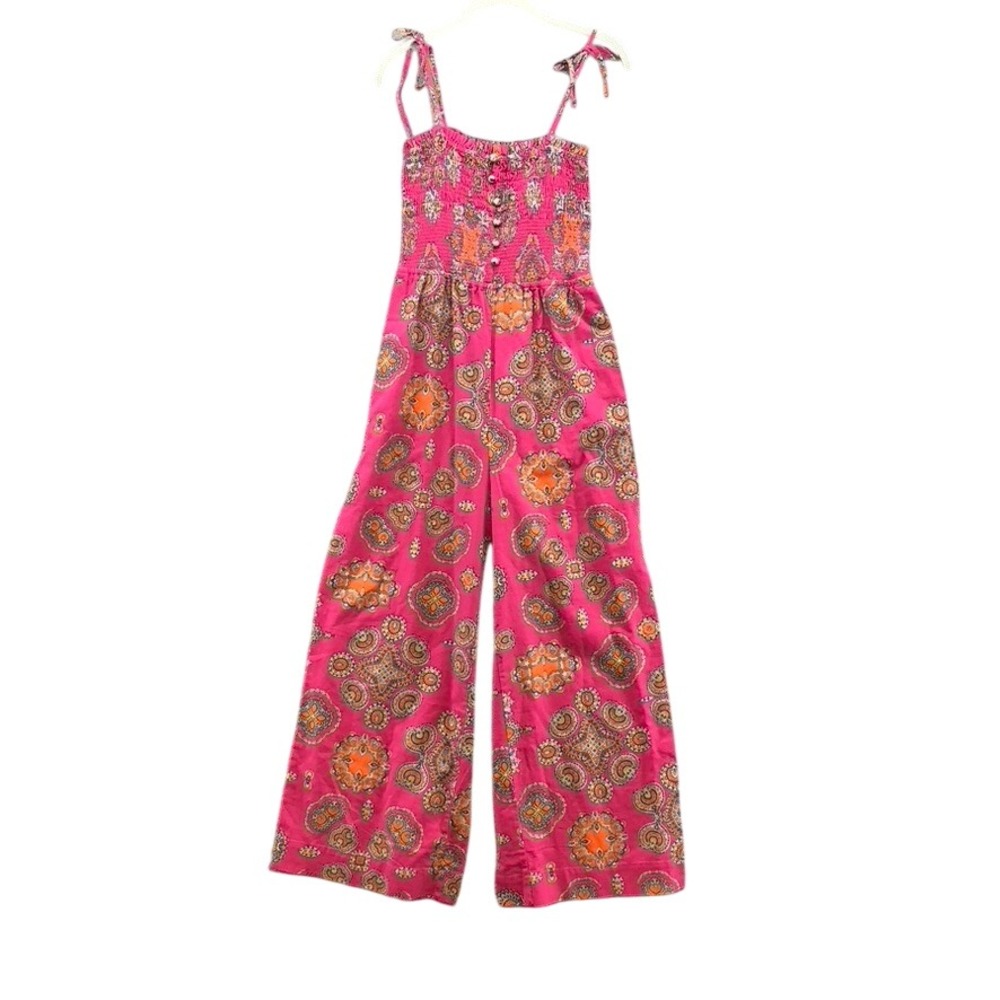 Maeve Jumpsuit Women Small Pink Paisley Medallion Smocked Wide Leg Tie Strap